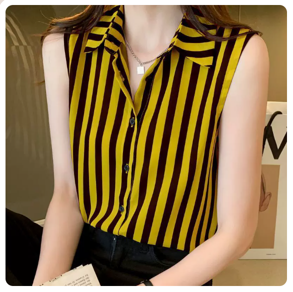 Sleeveless Vest Striped Chiffon Shirt (Yellow Size: S-3XL) (Please contact customer service to confirm the shipping size after placing an order)
