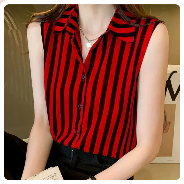 Sleeveless Vest Striped Chiffon Shirt (Red Size: S-3XL) (Please contact customer service to confirm the shipping size after placing an order)