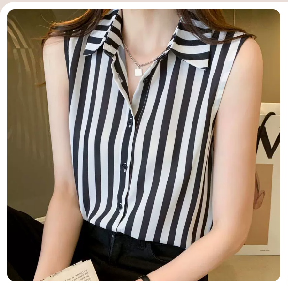 Sleeveless Vest Striped Chiffon Shirt (Black Size: S-3XL) (Please contact customer service to confirm the shipping size after placing an order)