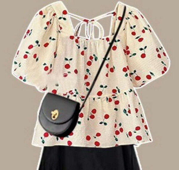 Women's Clothing - Salt and Sweet Puff Sleeve Shirt Shirt #Single Piece (Apricot Color) (M-4XL Size) (Contact customer service to confirm size after placing an order) 