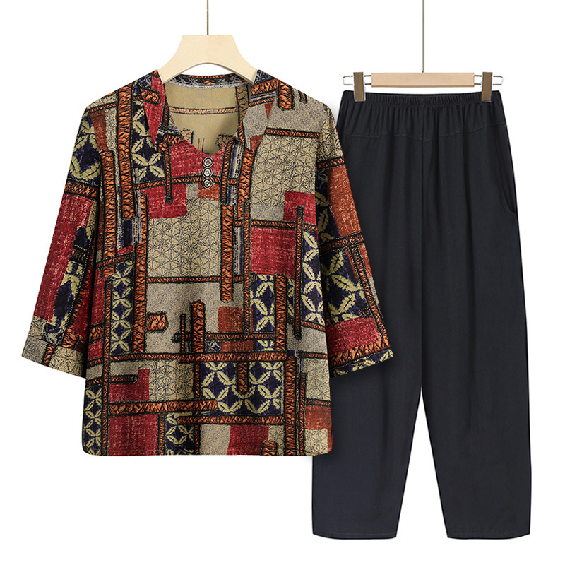 Elderly three-quarter sleeve set (XL-6XL square red (set)) [After placing an order, please contact customer service to confirm the shipping size]