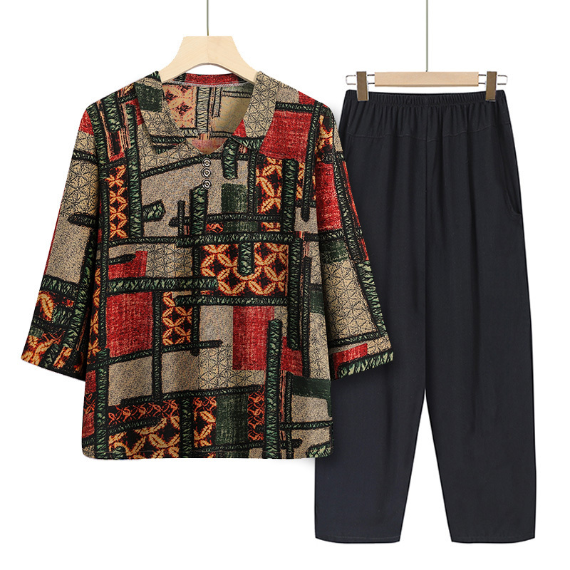 Elderly three-quarter sleeve set (XL-6XL square green (set)) [After placing an order, please contact customer service to confirm the shipping size]