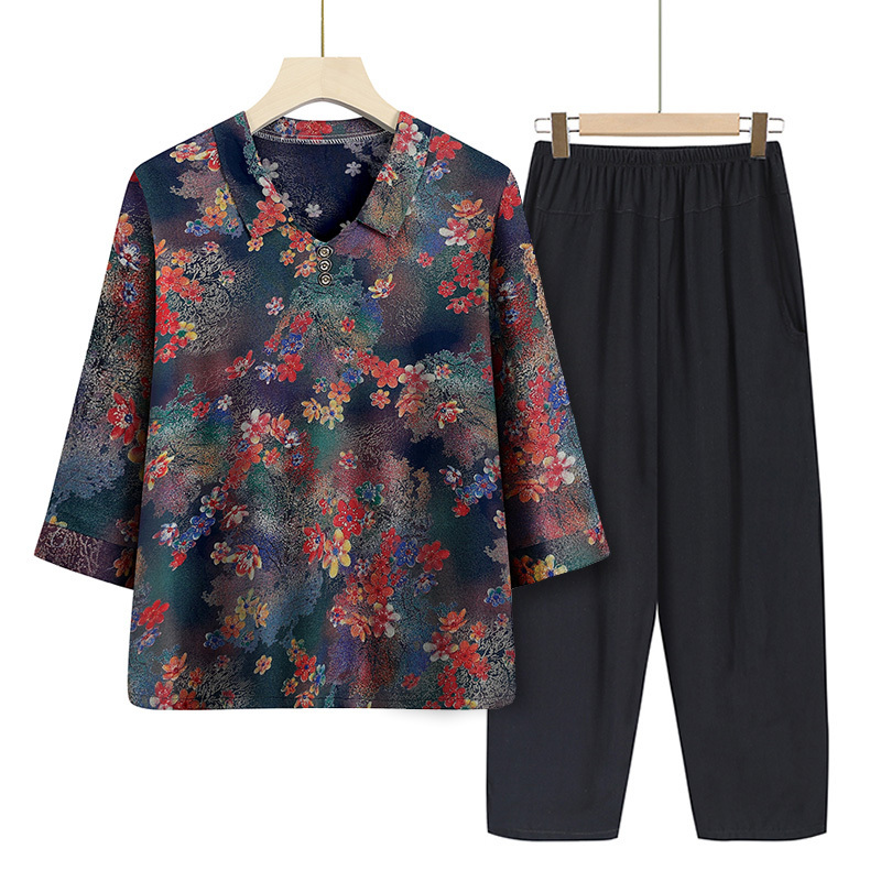 Elderly three-quarter sleeve set (XL-6XL small flower blue (set)) [After placing an order, please contact customer service to confirm the shipping size]