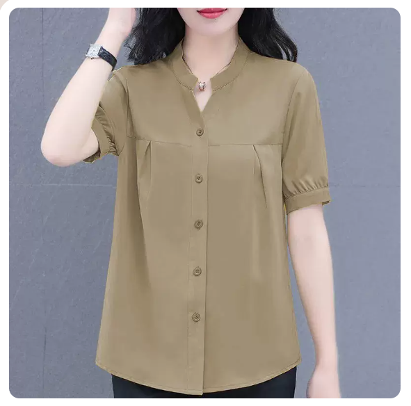 Short Sleeve Chiffon Shirt (Khaki Size: S-3XL) (Please contact customer service to confirm the shipping size after placing an order)