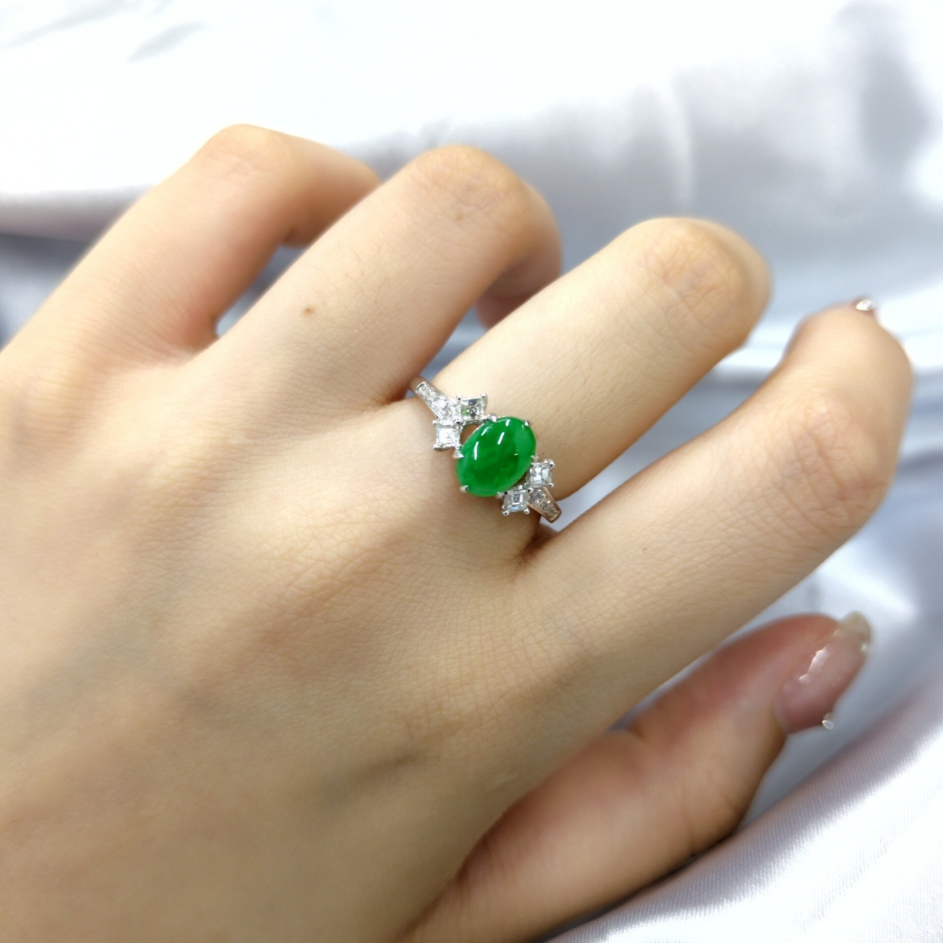 18K White Gold Jade and Diamond Ring