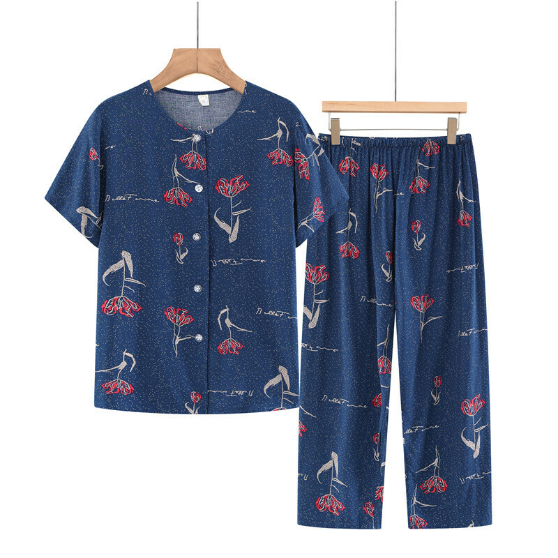 Elderly Short Sleeve Set (XL-5XL Navy Blue Lilac) [Please contact customer service to confirm the shipping size after placing an order]