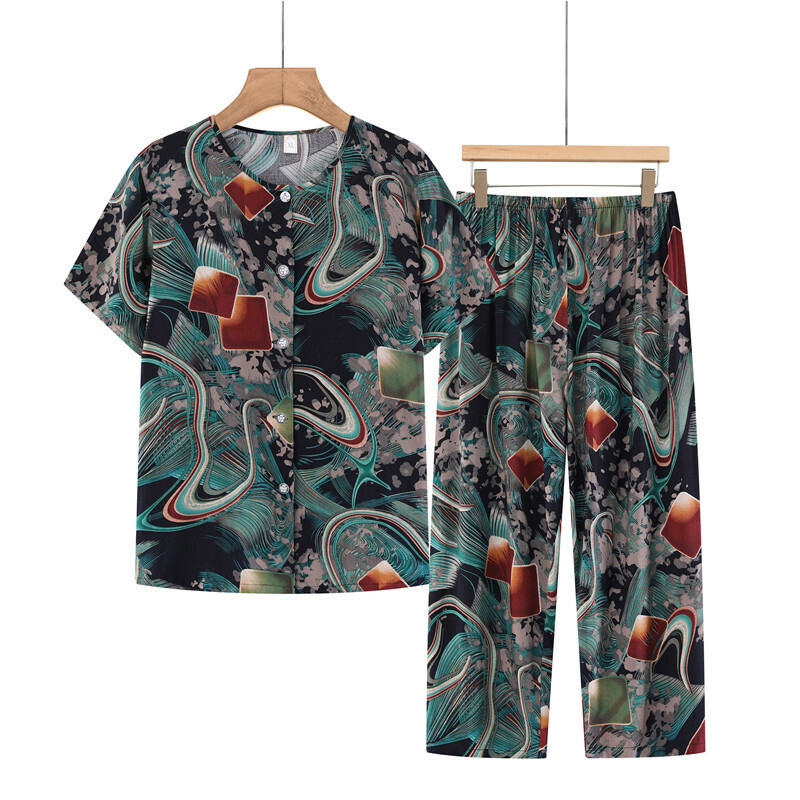 Seniors short-sleeved suit (XL-5XL flowing ripples) [After placing an order, please contact customer service to confirm the shipping size]