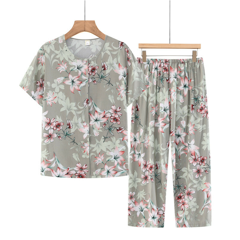 Seniors short-sleeved suit (XL-5XL light green flowers) [After placing an order, please contact customer service to confirm the shipping size]
