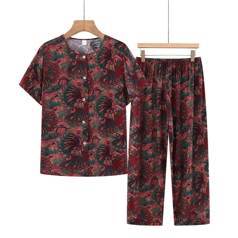 Seniors Short Sleeve Set (XL-5XL Dark Red Feathers) [Please contact customer service to confirm the shipping size after placing an order]