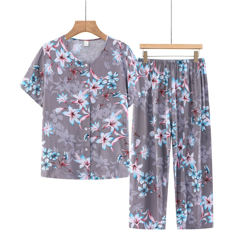 Elderly Short Sleeve Set (XL-5XL Light Gray Flowers) [Please contact customer service to confirm the shipping size after placing an order]