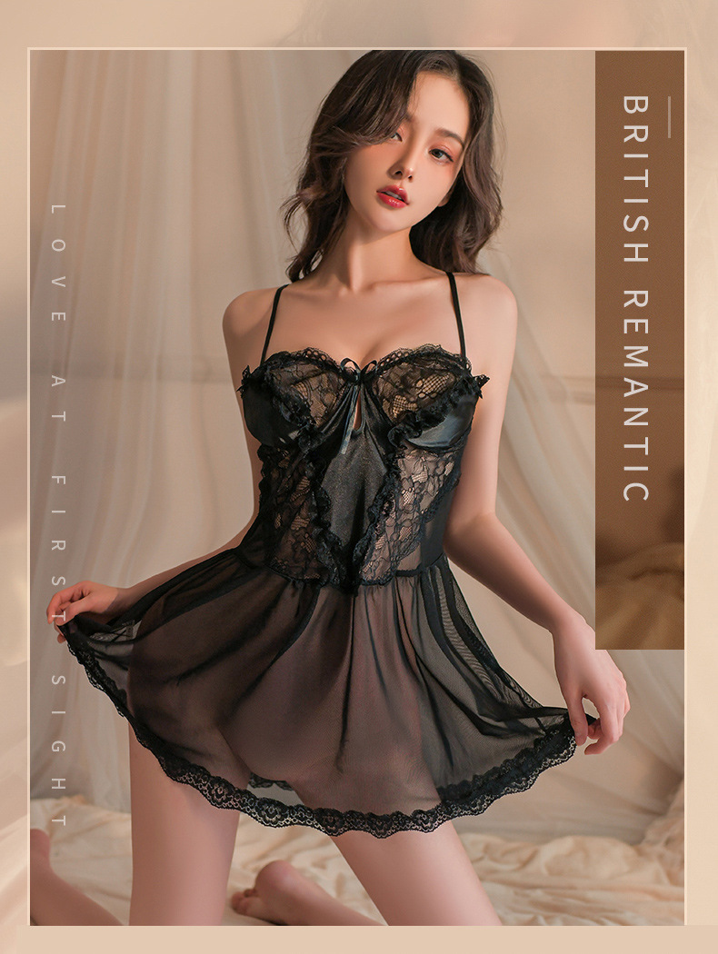 薄紗透視蕾絲睡裙(黑色/白色/紫色)  JK-597