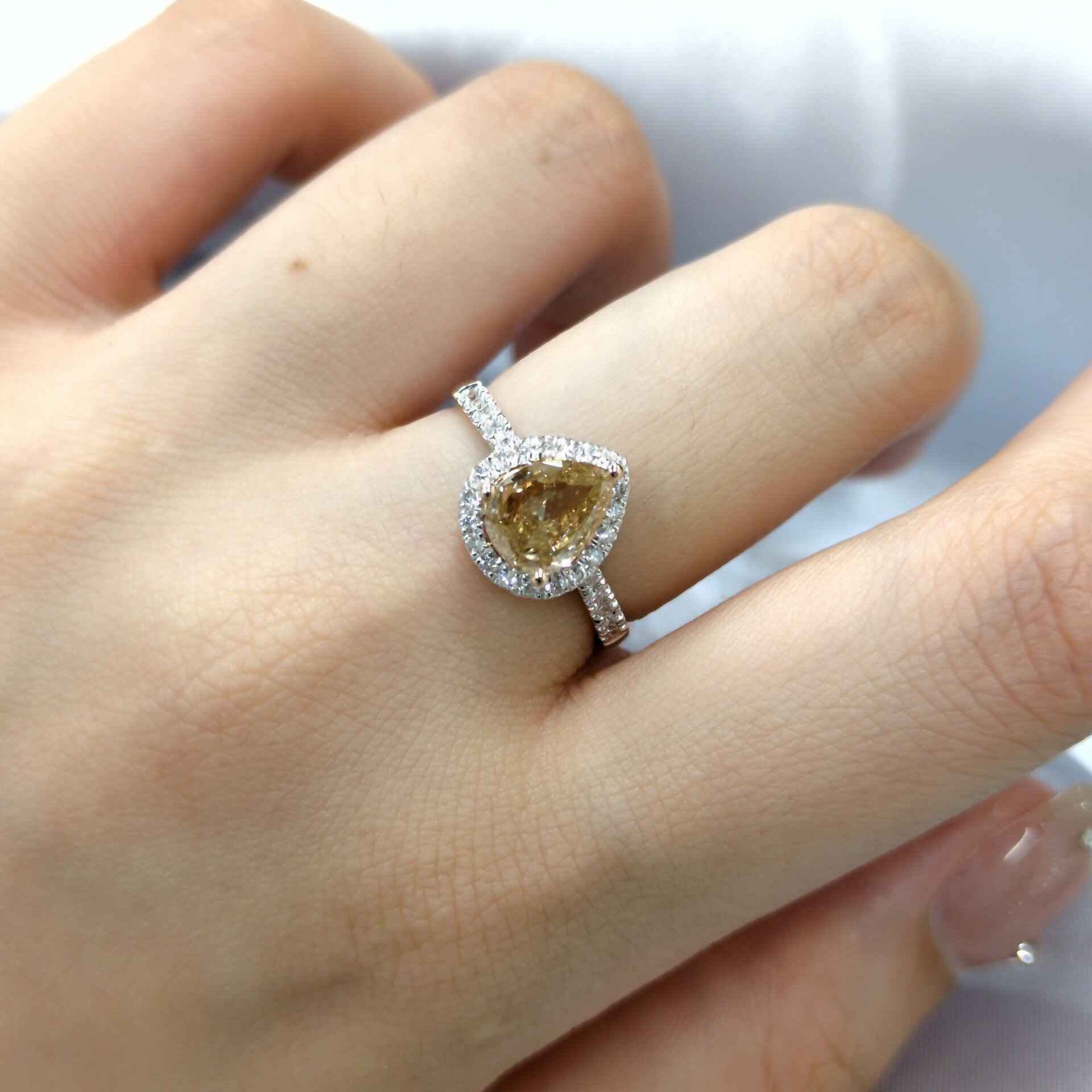 18K Gold 1.03ct Fancy Light Brown Pear Shaped Diamond Ring