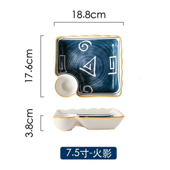 Popular mother-in-law plate with vinegar plate, household dumpling plate, shrimp plate, ceramic dumpling plate, vegetable plate, French fries plate (square dumpling plate-Hokage)