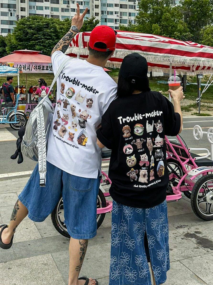 英文字貓仔圖案短袖Tee PLUS82HIYA-092T