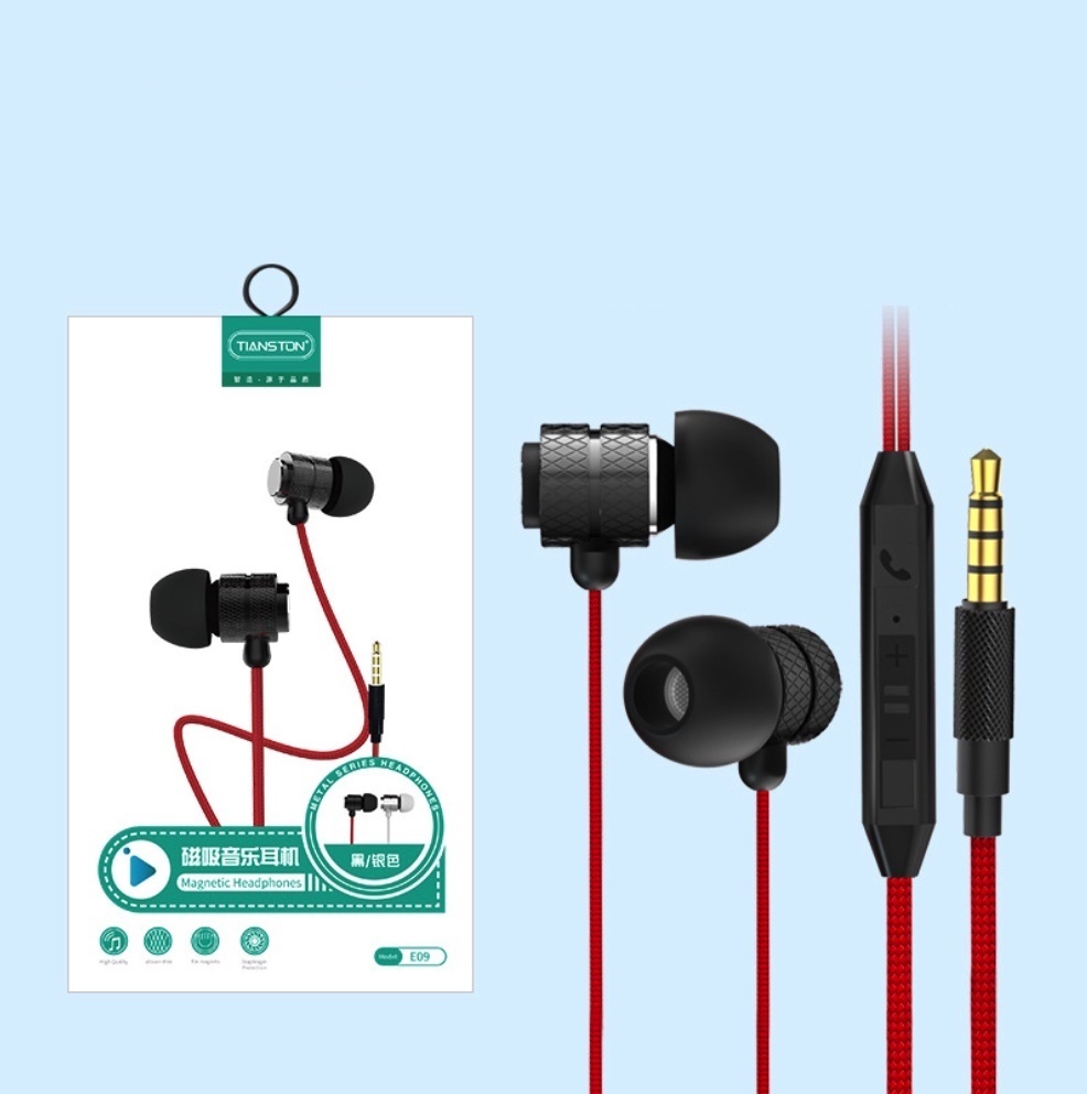 Popular wired in-ear round hole metal headphones for Huawei vivo/oppo (E09 black [boxed])