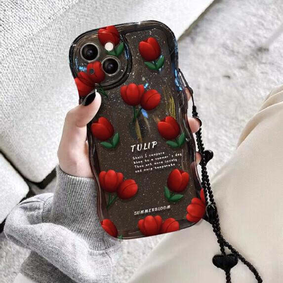 Hotly recommended black glitter tulip suitable for Apple mobile phone case (transparent black [full screen tulip] + bracelet version (contact customer service after placing the order to confirm the phone model)