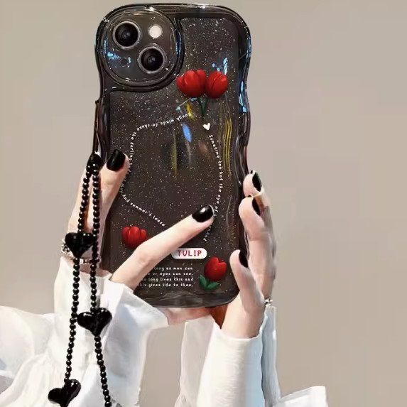 Hotly recommended black glitter tulip suitable for Apple mobile phone case (transparent black [stroke tulip] + bracelet version (contact customer service after placing the order to confirm the phone model)