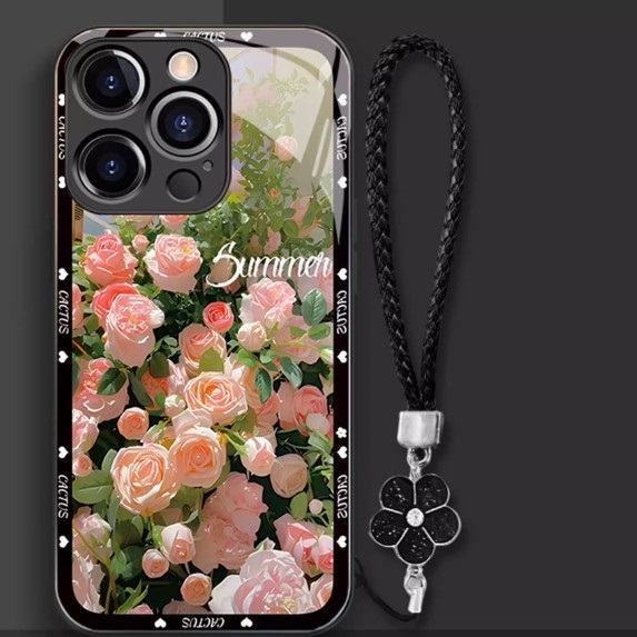 Hotly recommended pink rose suitable for Apple mobile phone case (classic black [pink rose + same lanyard style] (contact customer service to confirm the phone model after placing the order)