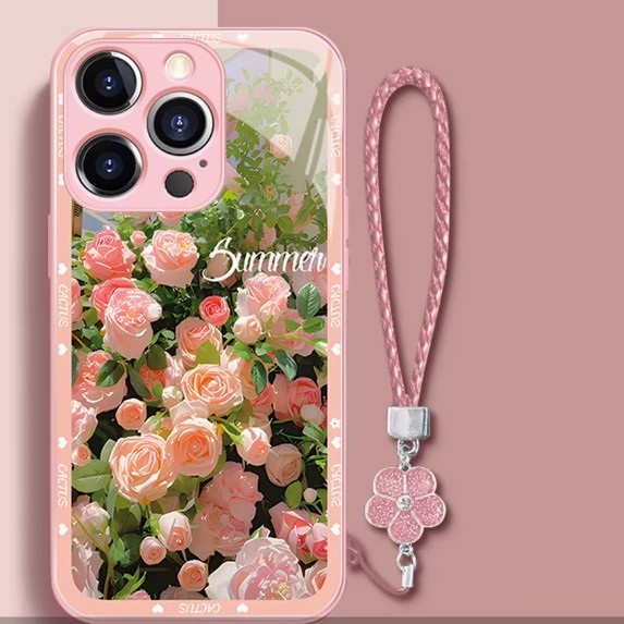 Hotly recommended pink roses suitable for Apple mobile phone cases (girly pink [pink roses + same lanyard style] (contact customer service after placing an order to confirm the phone model)