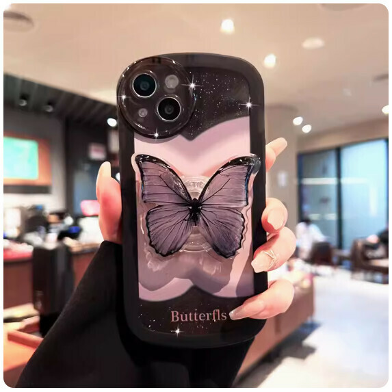 Hotly recommended purple smudged butterfly suitable for Apple mobile phone case (transparent black [smudged butterfly + stand model] (contact customer service to confirm the phone model after placing the order)