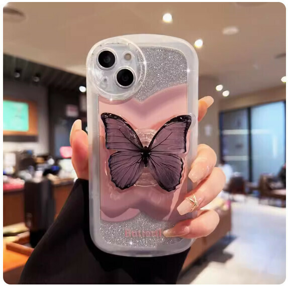Hotly recommended purple smudged butterfly suitable for Apple mobile phone case (transparent white [smudged butterfly + stand model] (contact customer service after placing the order to confirm the phone model)