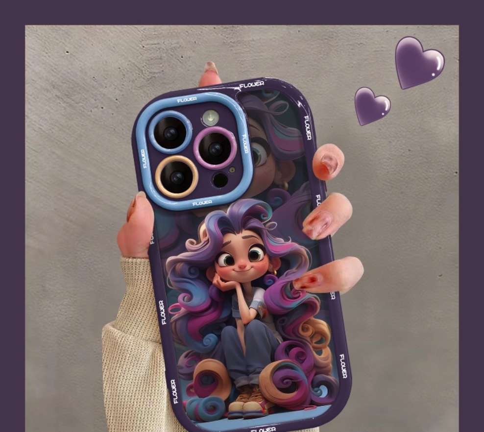 熱推彩繪公主適用於iPhone系列手機殼（葡萄紫彩色卷髮女孩）(下單後聯絡客服確認手機型號)