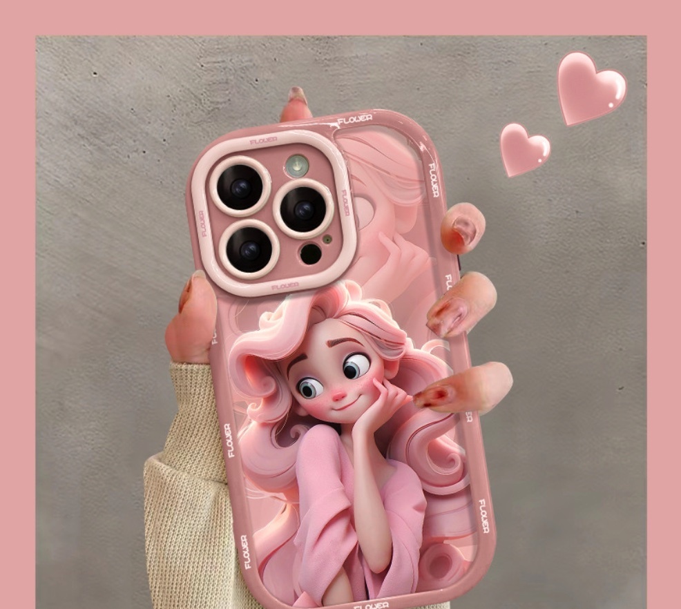 熱推彩繪公主適用於iPhone系列手機殼（少女粉粉色卷髮女孩）(下單後聯絡客服確認手機型號)