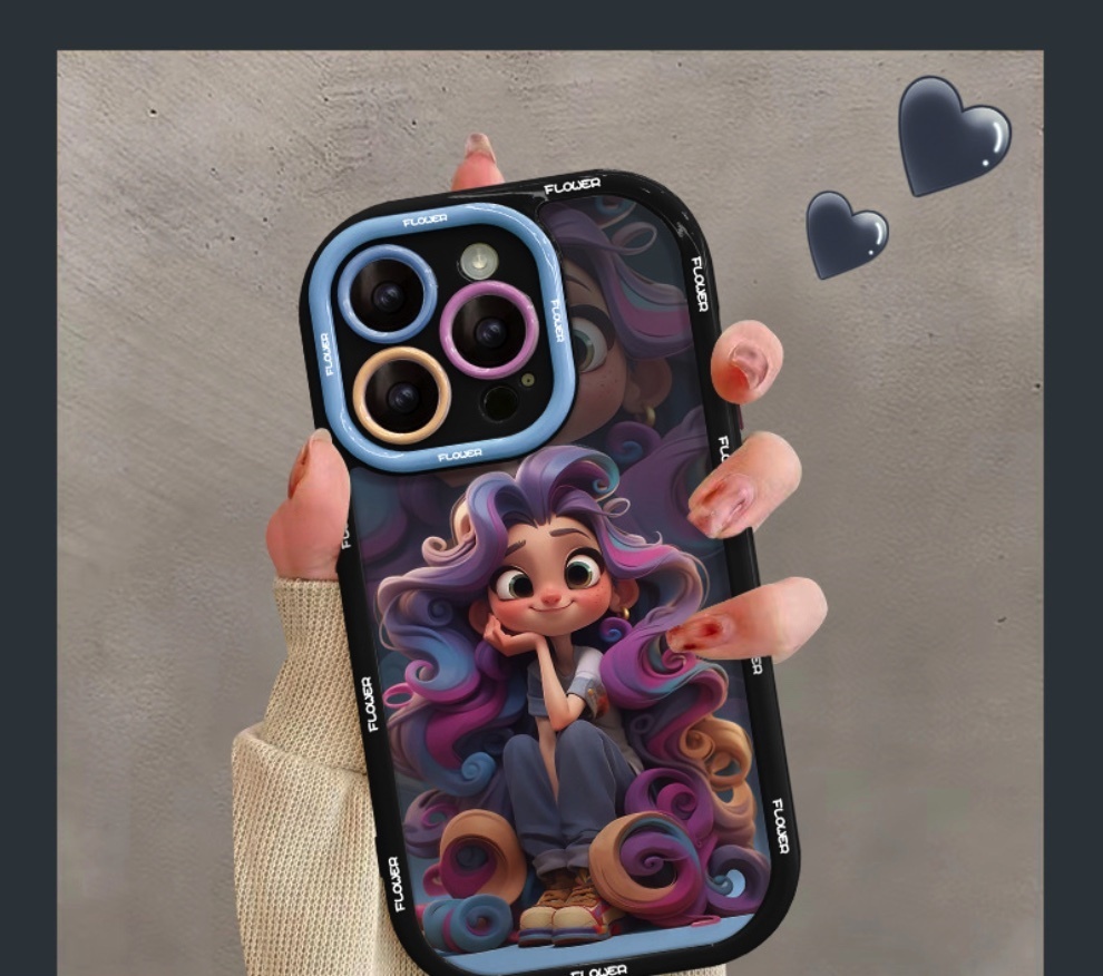 熱推彩繪公主適用於iPhone系列手機殼（經典黑彩色卷髮女孩）(下單後聯絡客服確認手機型號)