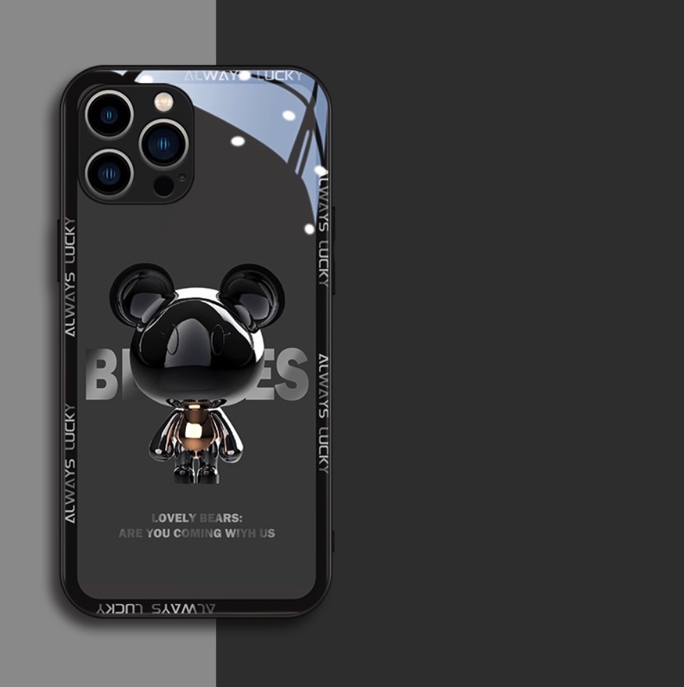 The popular glass painted metal bear is suitable for iPhone series mobile phone cases ([black metal bear] glass case) (contact customer service to confirm the phone model after placing the order)