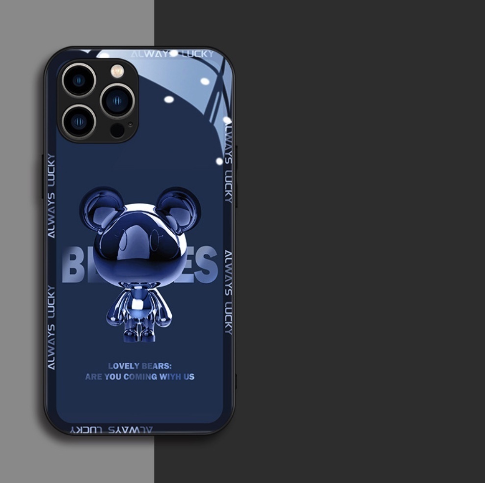 The popular glass painted metal bear is suitable for iPhone series mobile phone cases ([Navy Blue Metal Bear] glass case) (contact customer service to confirm the phone model after placing the order)
