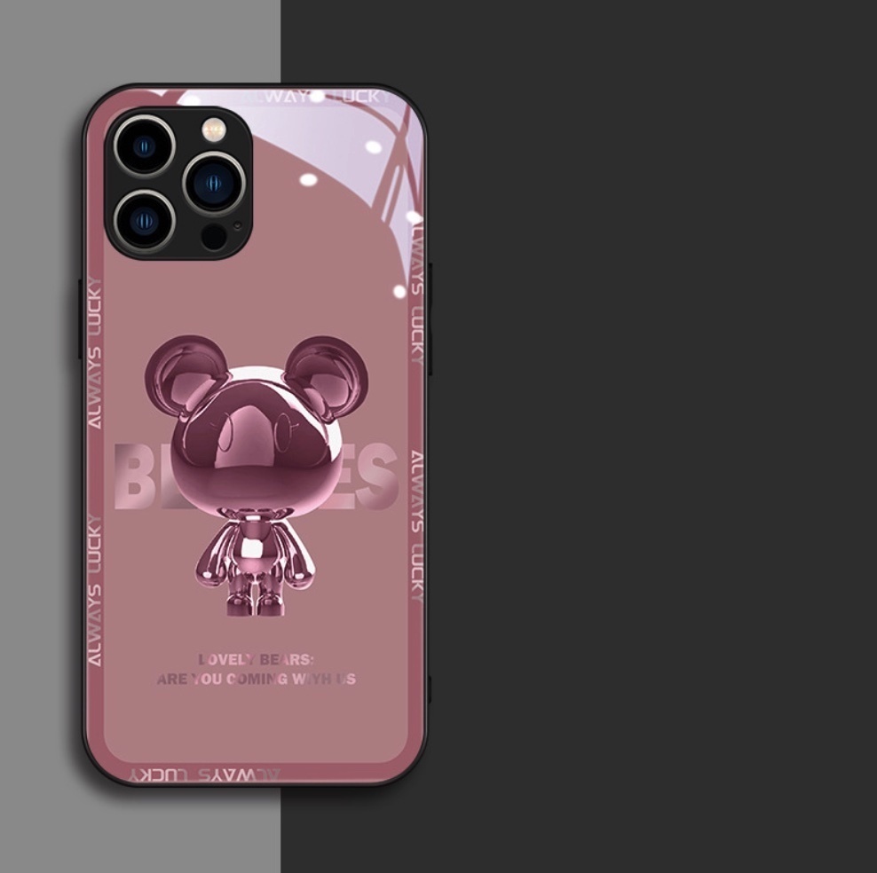 The popular glass painted metal bear is suitable for iPhone series mobile phone cases ([Pink Metal Bear] glass case) (contact customer service to confirm the phone model after placing the order)