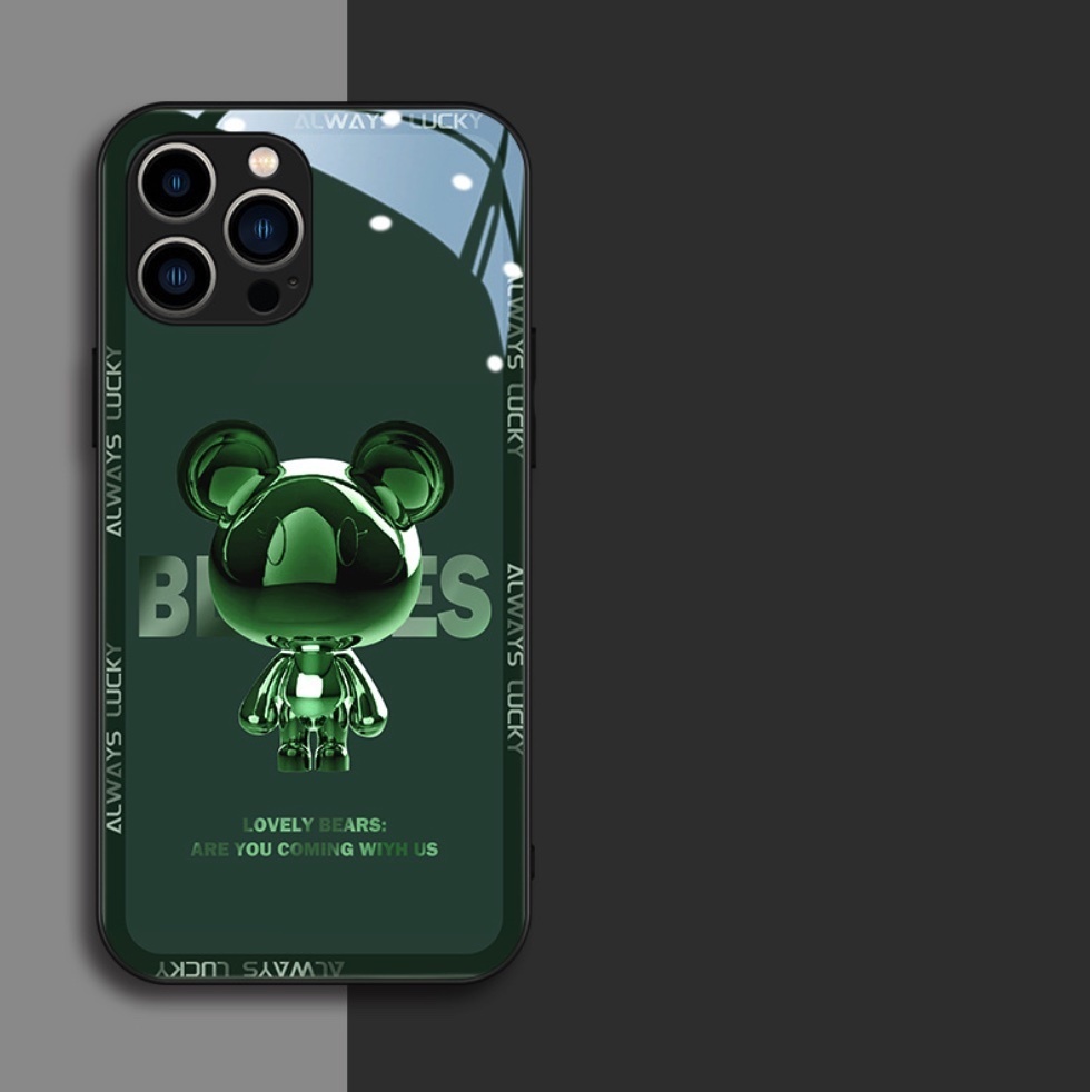 The popular glass painted metal bear is suitable for iPhone series mobile phone cases ([Cangling Green Metal Bear] glass case) (contact customer service after placing an order to confirm the phone model)