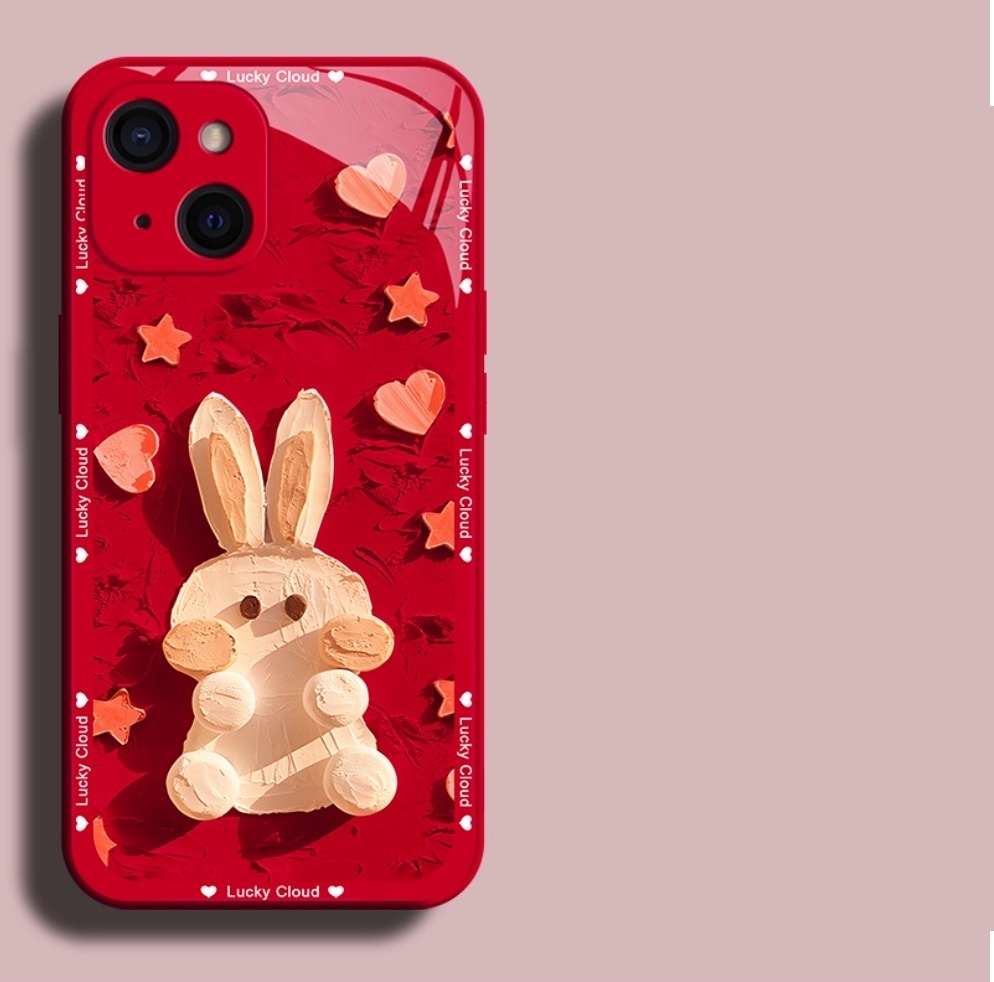 The popular painted oil painting rabbit glass is suitable for iPhone series mobile phone cases (red red background oil painting rabbit liquid glass) (contact customer service after placing an order to confirm the phone model)