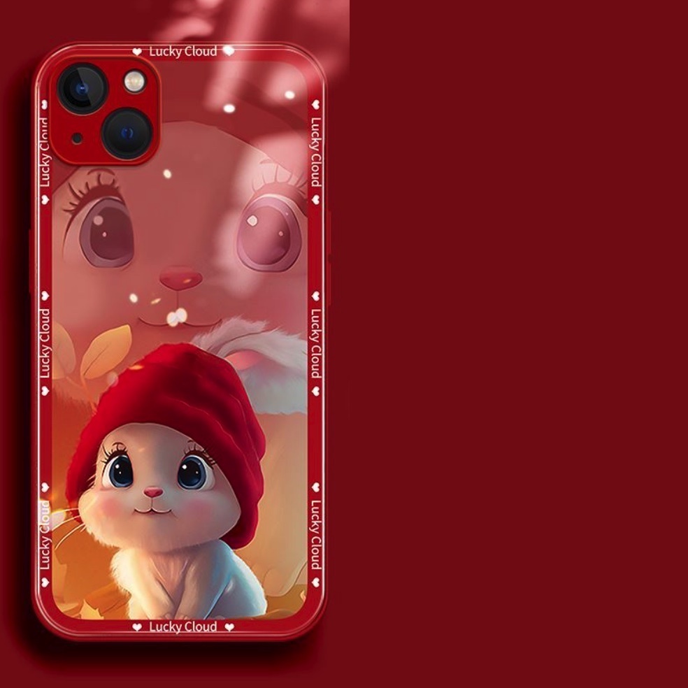 The popular painted oil painting rabbit glass is suitable for iPhone series mobile phone cases (red red background cute rabbit liquid glass) (contact customer service after placing an order to confirm the phone model)