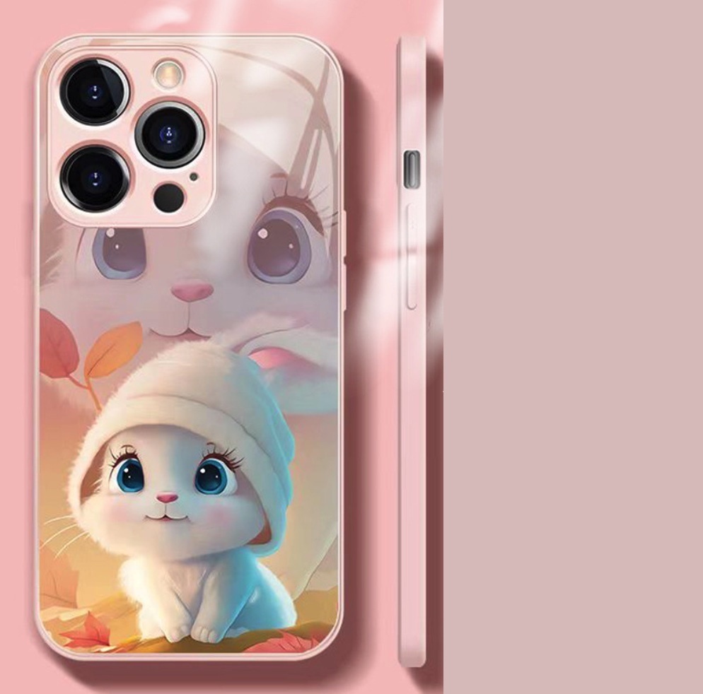 The popular painted oil painting rabbit glass is suitable for iPhone series mobile phone cases (pink foundation cute rabbit liquid glass) (contact customer service after placing an order to confirm the phone model)