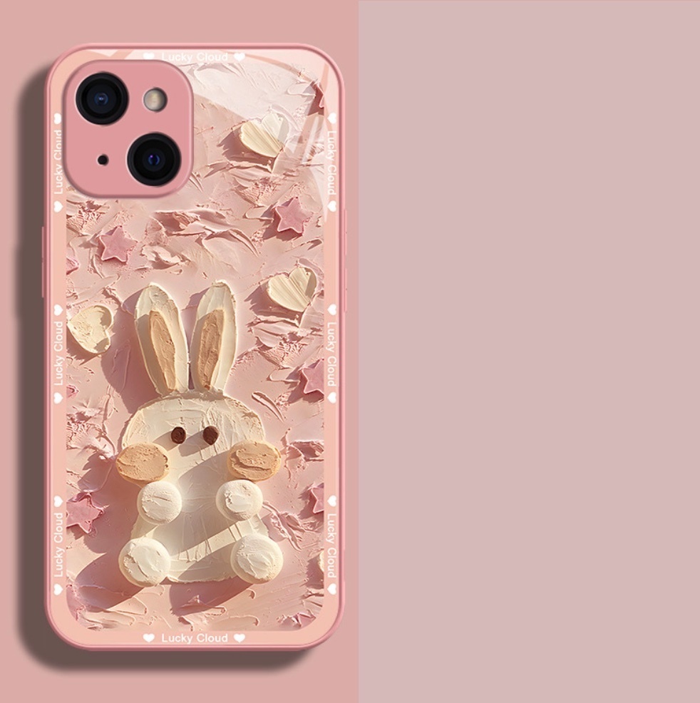 The popular painted oil painting rabbit glass is suitable for iPhone series mobile phone cases (pink foundation oil painting rabbit liquid glass) (contact customer service after placing an order to confirm the phone model)