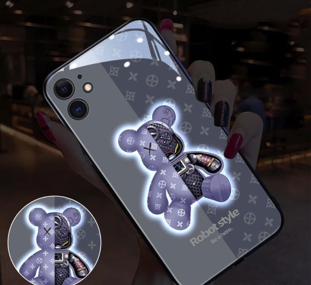 The popular glass luminous call flash is suitable for iPhone series mobile phone cases (violent bear blue [precision hole]) (contact customer service to confirm the phone model after placing the order)