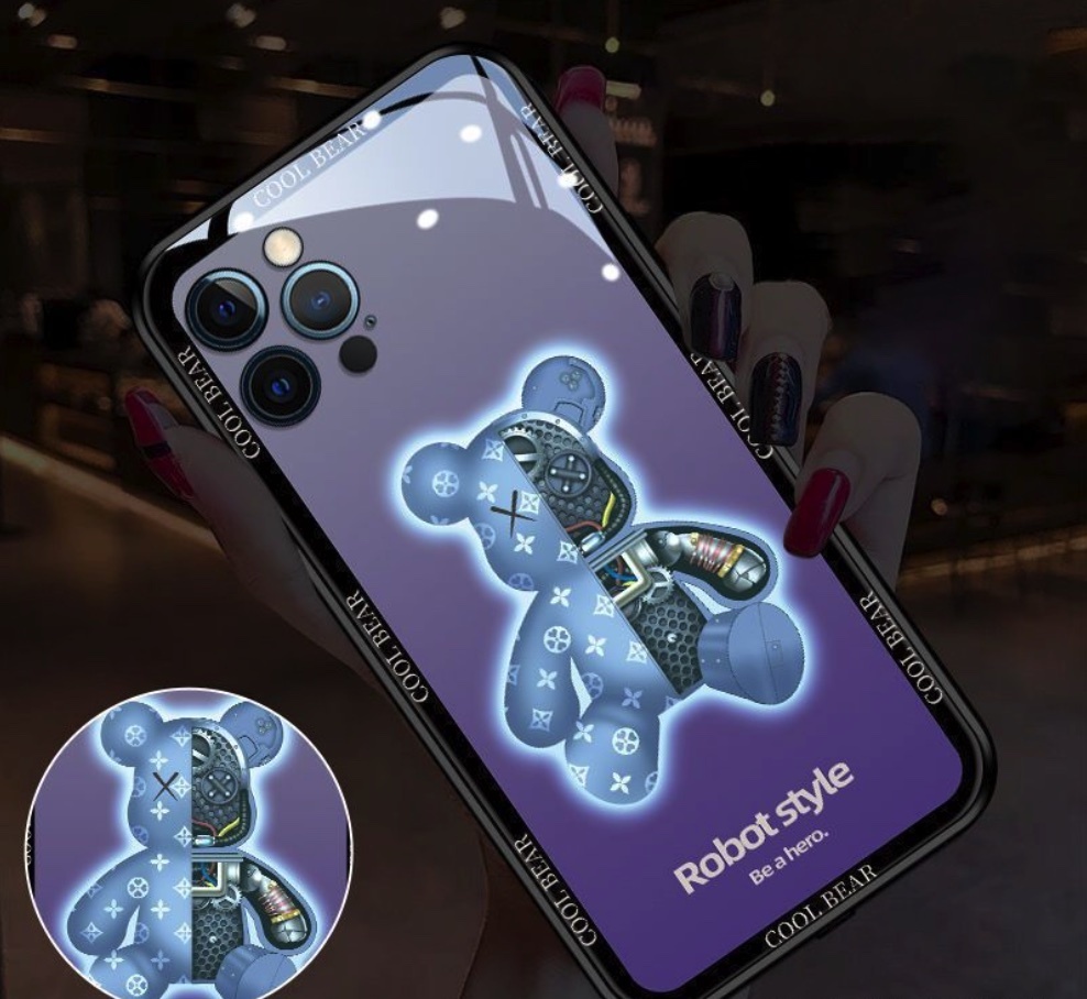 The popular glass luminous call flash is suitable for iPhone series mobile phone cases (gradient violent bear blue [precision holes]) (contact customer service after placing an order to confirm the phone model)