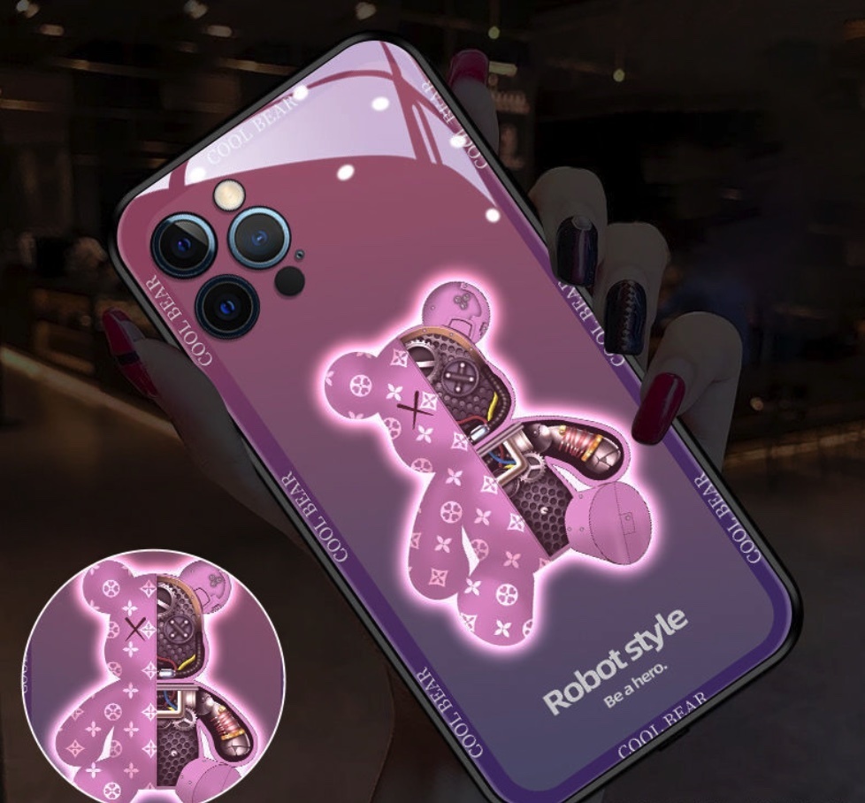 The popular glass luminous call flash is suitable for iPhone series mobile phone cases (gradient violent bear pink [precision hole]) (contact customer service after placing an order to confirm the phone model)