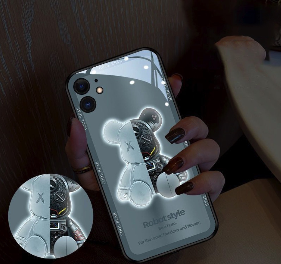 The popular glass luminous call flash is suitable for iPhone series mobile phone cases (violent bear electroplated blue [fine holes]) (contact customer service after placing an order to confirm the phone model)