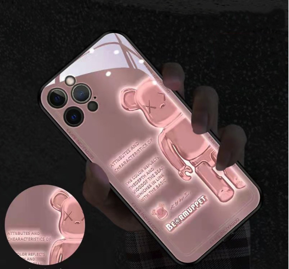 The popular glass luminous call flash is suitable for iPhone series mobile phone cases (half body violent bear pink [precision hole]) (contact customer service after placing an order to confirm the phone model)