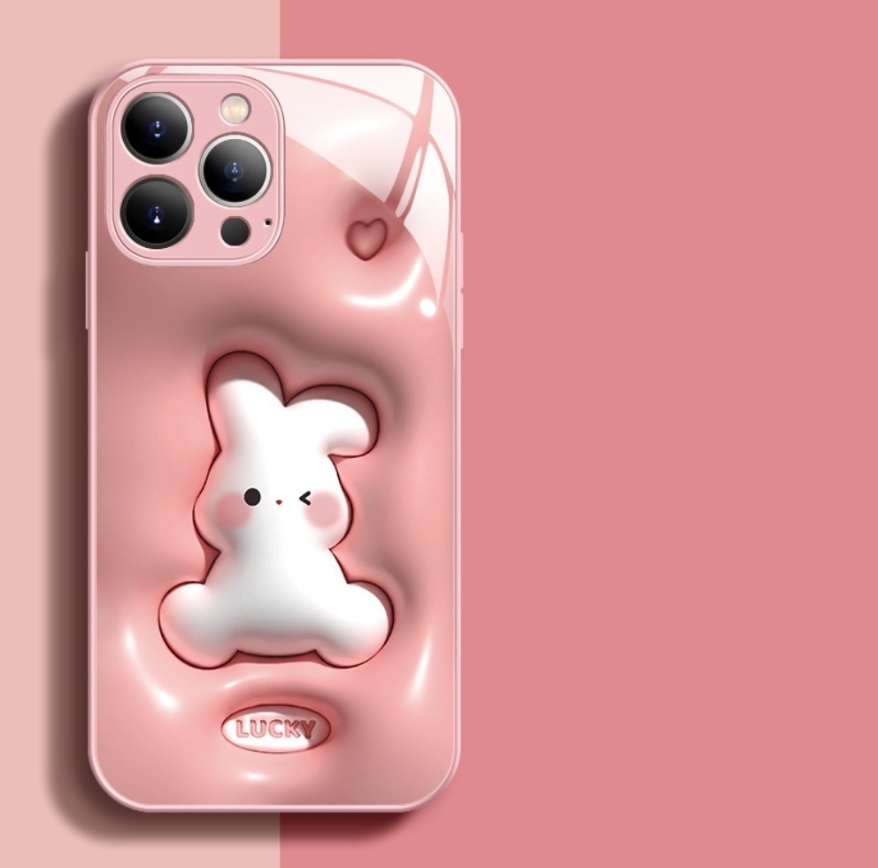 The popular painted three-dimensional rabbit glass is suitable for iPhone series mobile phone cases (sand pink Rabbit) (contact customer service after placing an order to confirm the phone model)