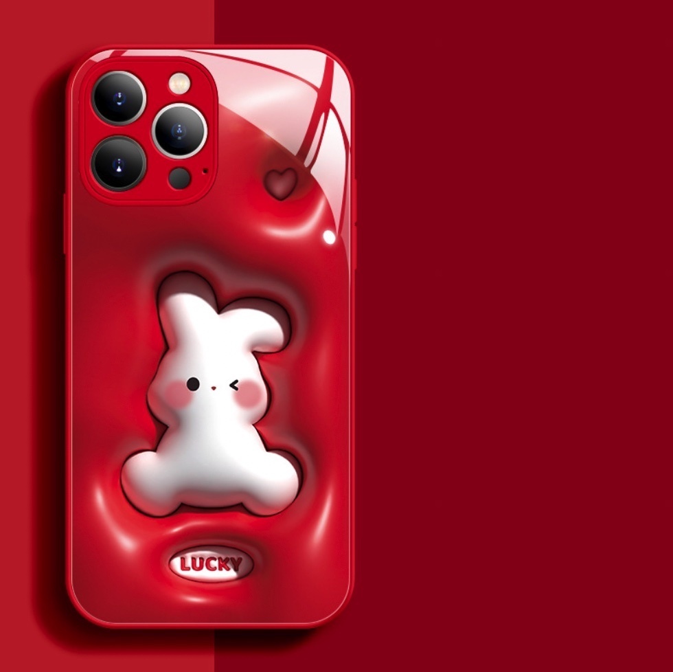 The popular painted three-dimensional rabbit glass is suitable for iPhone series mobile phone cases (Chinese red rabbit) (contact customer service after placing an order to confirm the phone model)