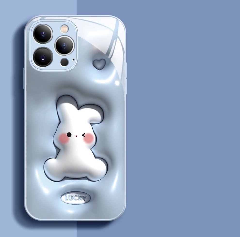The popular painted three-dimensional rabbit glass is suitable for iPhone series mobile phone cases (light cyan Rabbit) (contact customer service to confirm the phone model after placing the order)