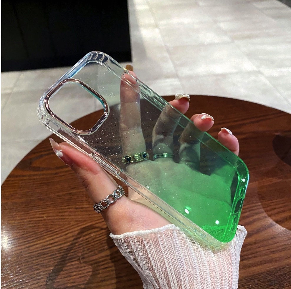 Popular electroplated lens gradient all-inclusive anti-fall suitable for iPhone series mobile phone cases (gradient green) (contact customer service after placing an order to confirm the phone model)