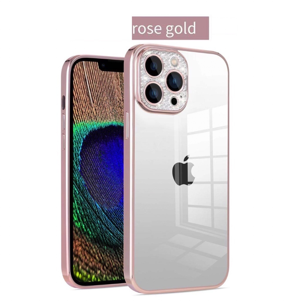 The popular electroplated anti-fall lens flash diamond is suitable for iPhone series mobile phone cases (rose gold) (contact customer service to confirm the phone model after placing the order)