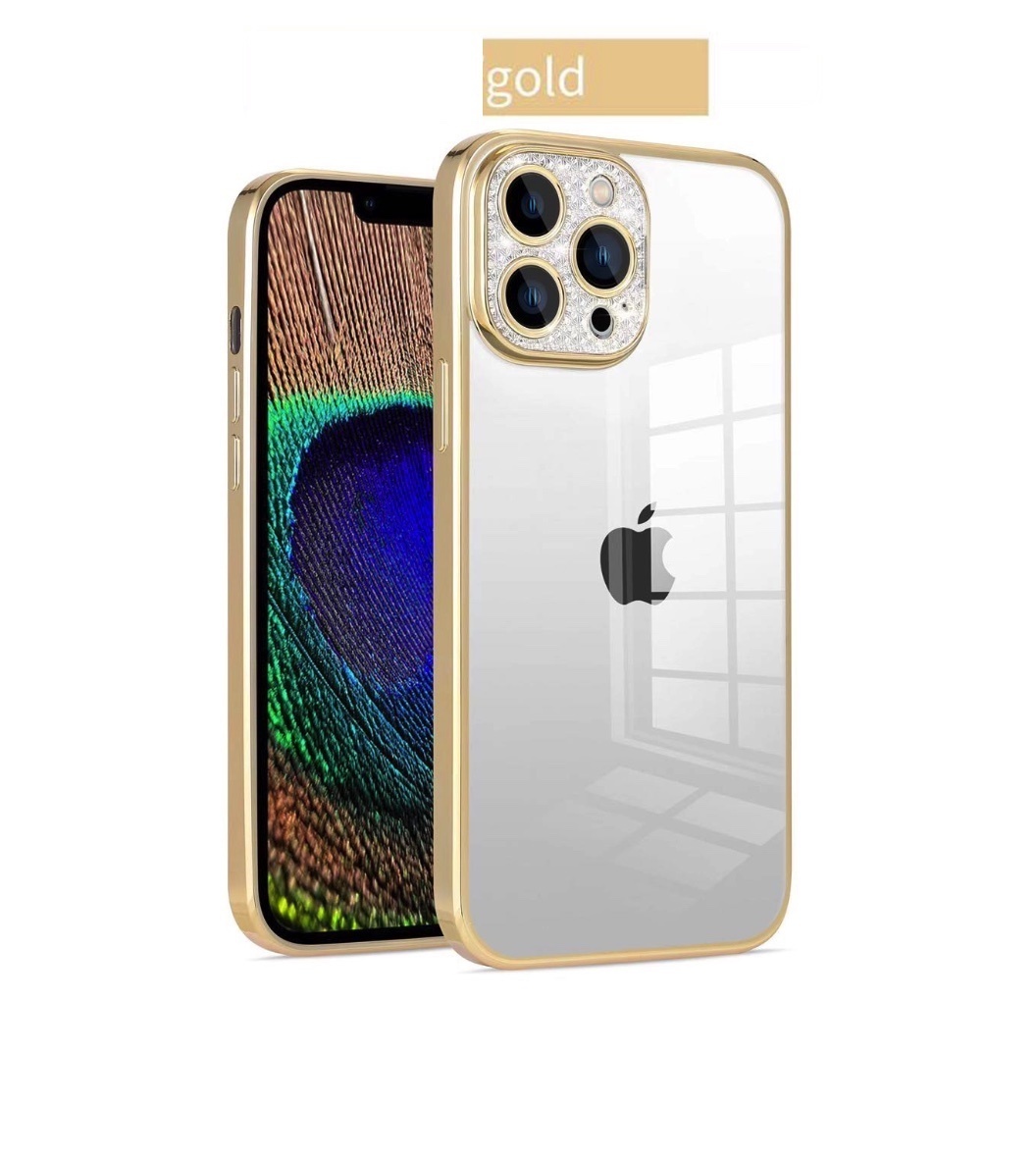 The popular electroplated anti-fall lens flash diamond is suitable for iPhone series mobile phone cases (gold) (contact customer service to confirm the phone model after placing the order)