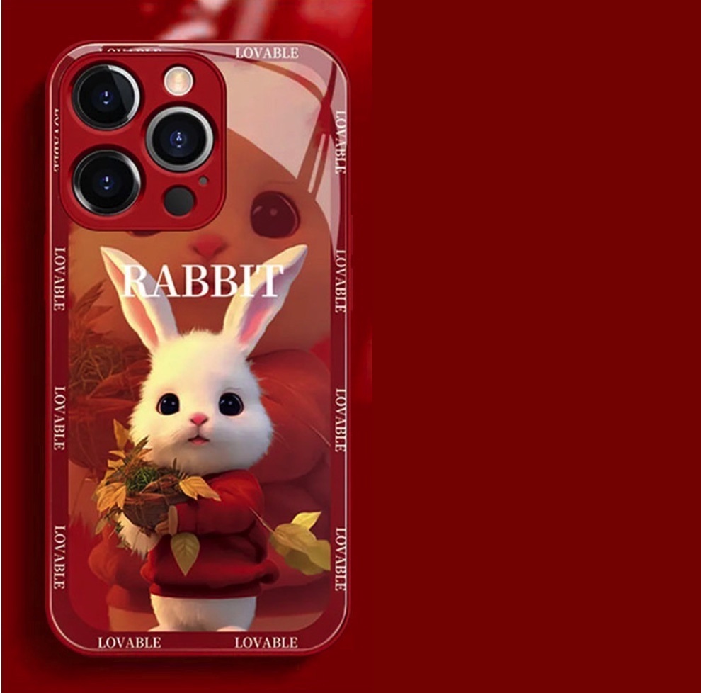 The popular painted flower-embracing rabbit glass is suitable for iPhone series mobile phone cases (Chinese red leaf-embracing rabbit) (contact customer service to confirm the phone model after placing an order)