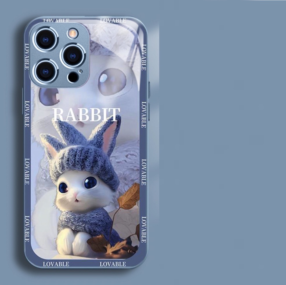 The popular painted flower-embracing rabbit glass is suitable for iPhone series mobile phone cases (Yuanfeng Blue Furry Rabbit) (contact customer service after placing an order to confirm the phone model)