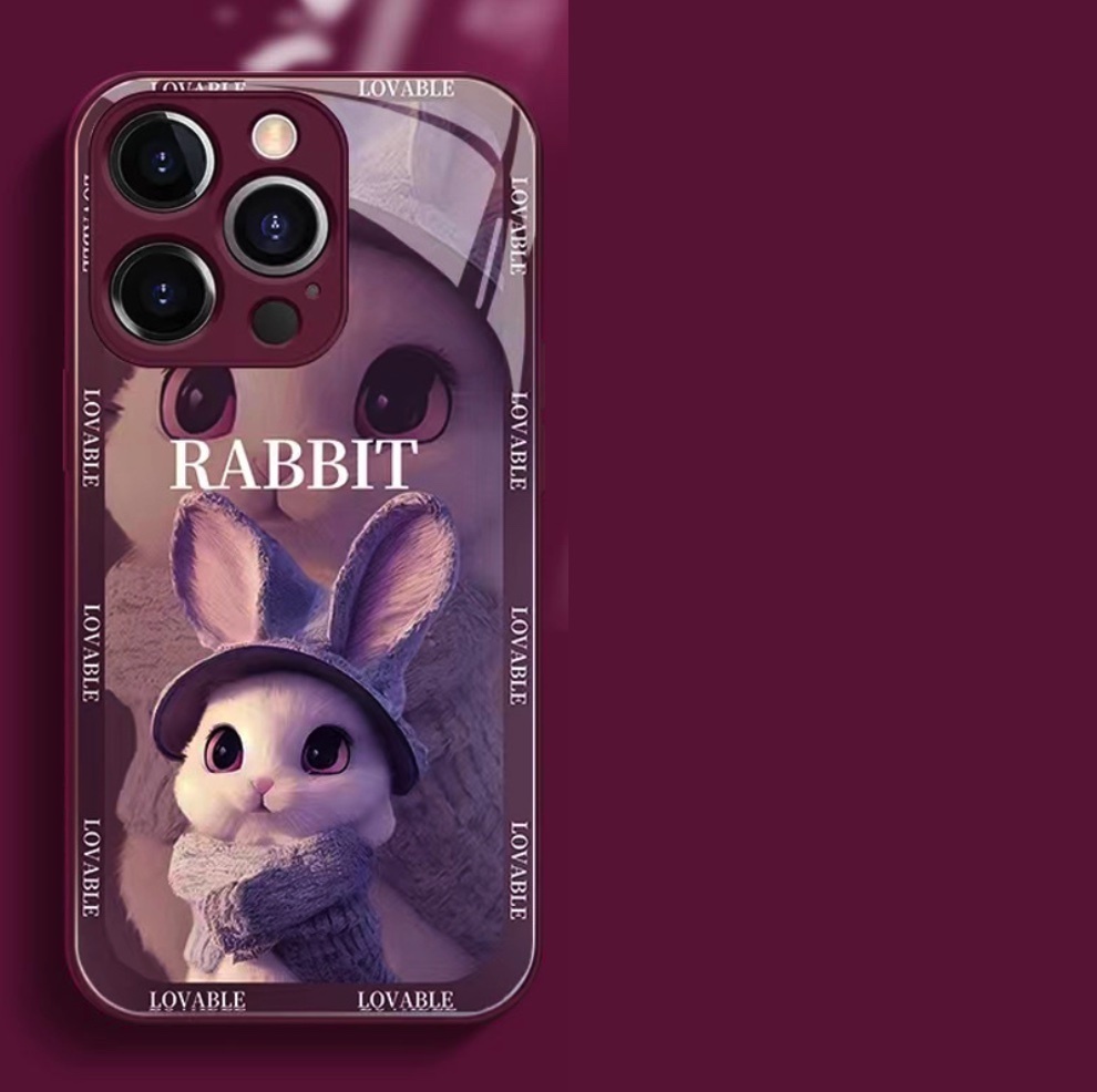 The popular painted flower-embracing rabbit glass is suitable for iPhone series mobile phone cases (Grape Purple Furry Rabbit) (contact customer service to confirm the phone model after placing the order)